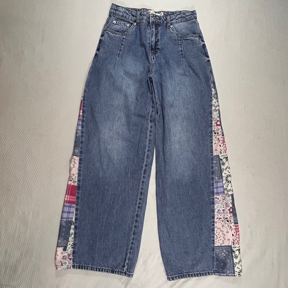 Levis Girls High Rise Baggy Jeans Bandana Patchwork Side Panel Size 14 REG